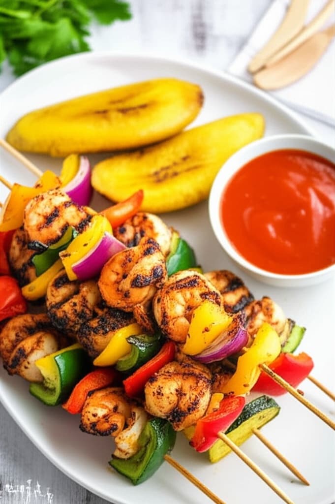 Vegetable and Prawn Skewers (Grilled) with Steamed Plantain Slices