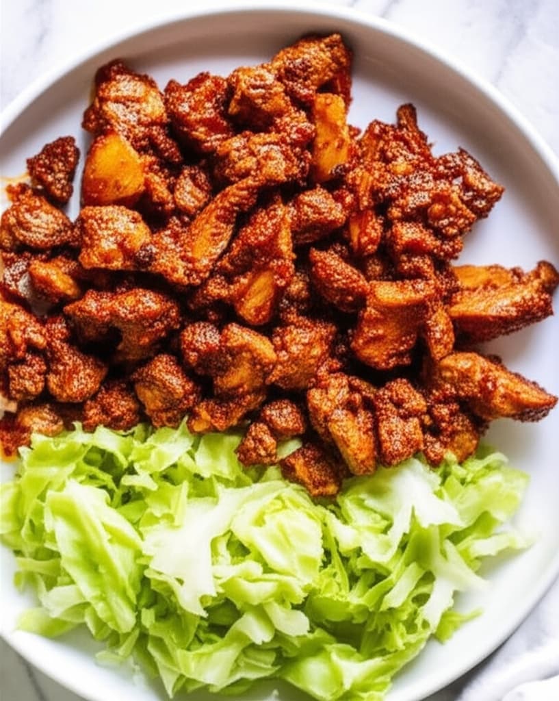 Asun (Spicy Roasted Goat Meat) served with a side of Sautéed Cabbage