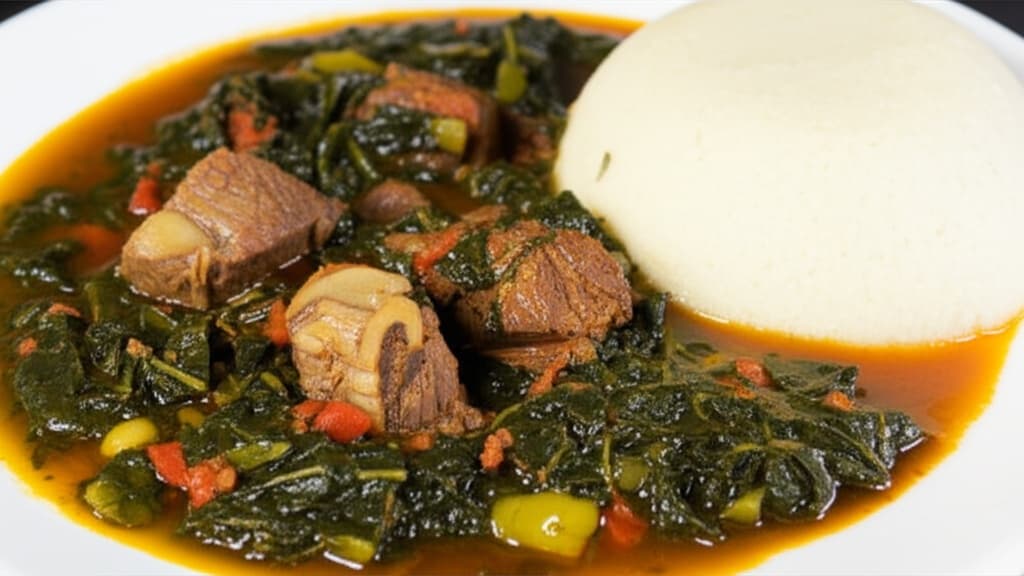 Semovita with Edikang Ikong Soup and Goat Meat