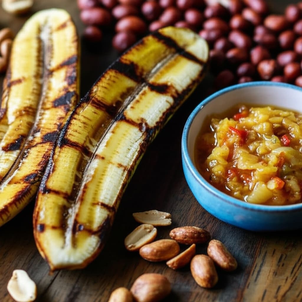 Grilled Plantain (Boli) with roasted groundnuts and a light vegetable dip (e.g., blended pepper and onion)