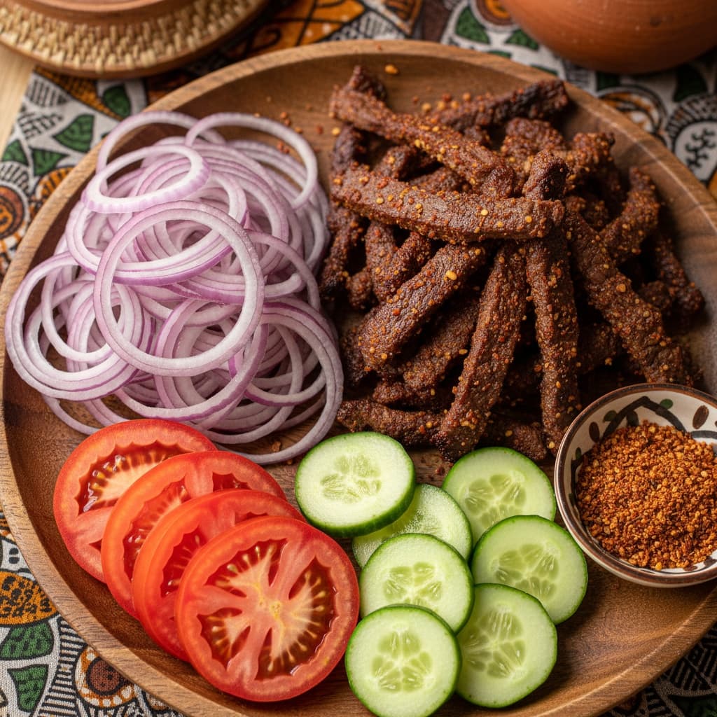 Lean Beef Suya with a generous side of Raw Sliced Onions, Tomatoes, and Cucumbers
