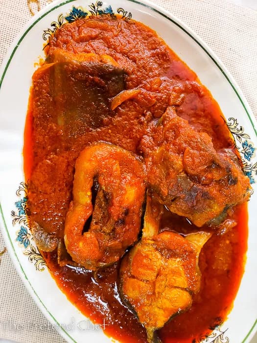 Nigerian Fish Stew (Tomato-based) with Steamed Fluted Pumpkin Leaves (Ugu)